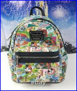 Disney Parks Classic Mickey Attraction Collage Art Loungefly Backpack Retired