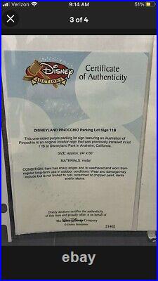 Pinocchio Blue 11B Disneyland Parking Lot Sign Park Genuine Disney Prop with COA